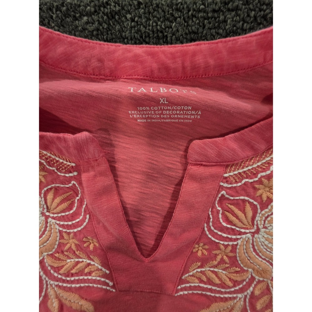 Talbots Coral Pink Embroidered Split Neck Flutter Sleeve Cotton Top XL - Picture 7 of 10